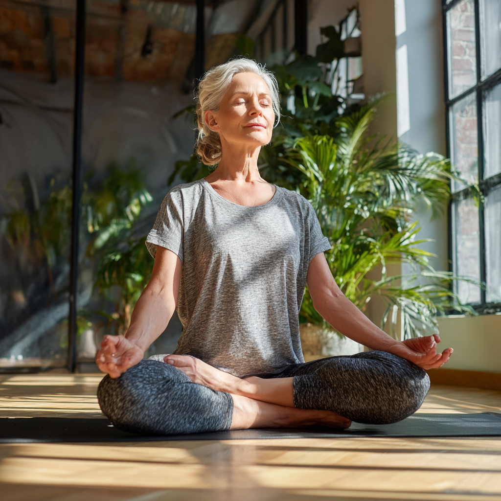 45 years woman practicing gentle yoga poses in serene studio environment