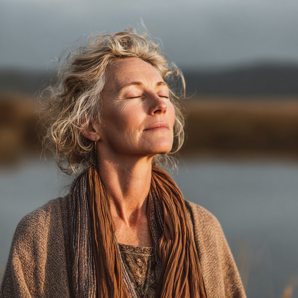 Middle-aged woman practicing mindful meditation in peaceful natural environment